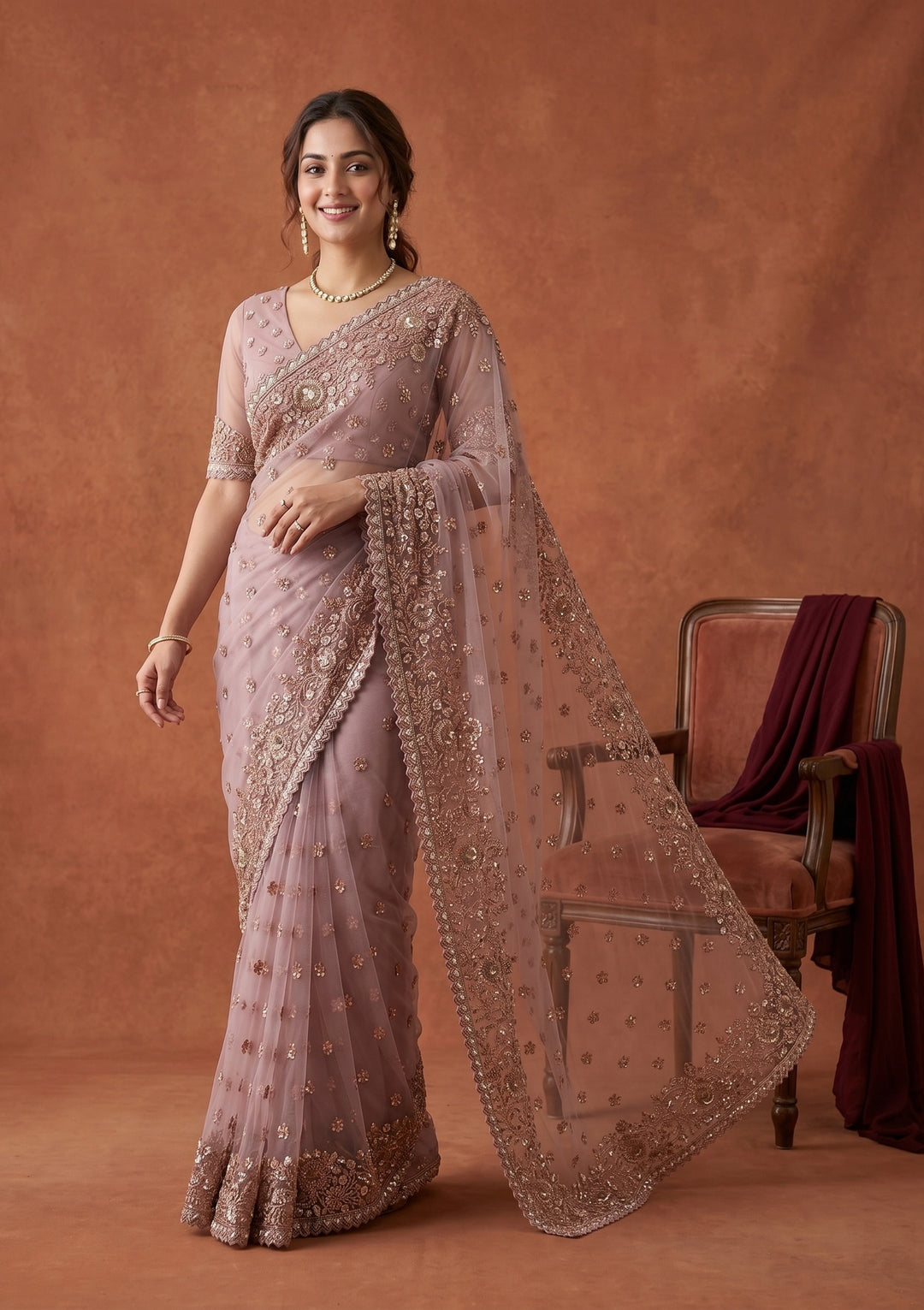 Lavender Sequins Net Saree