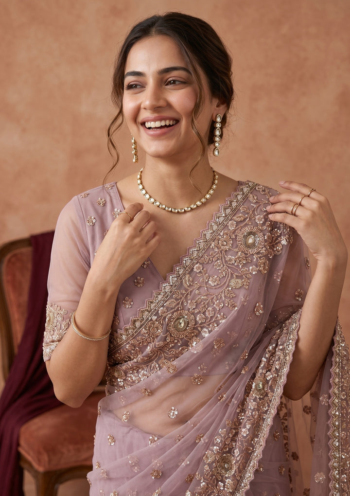 Lavender Sequins Net Saree