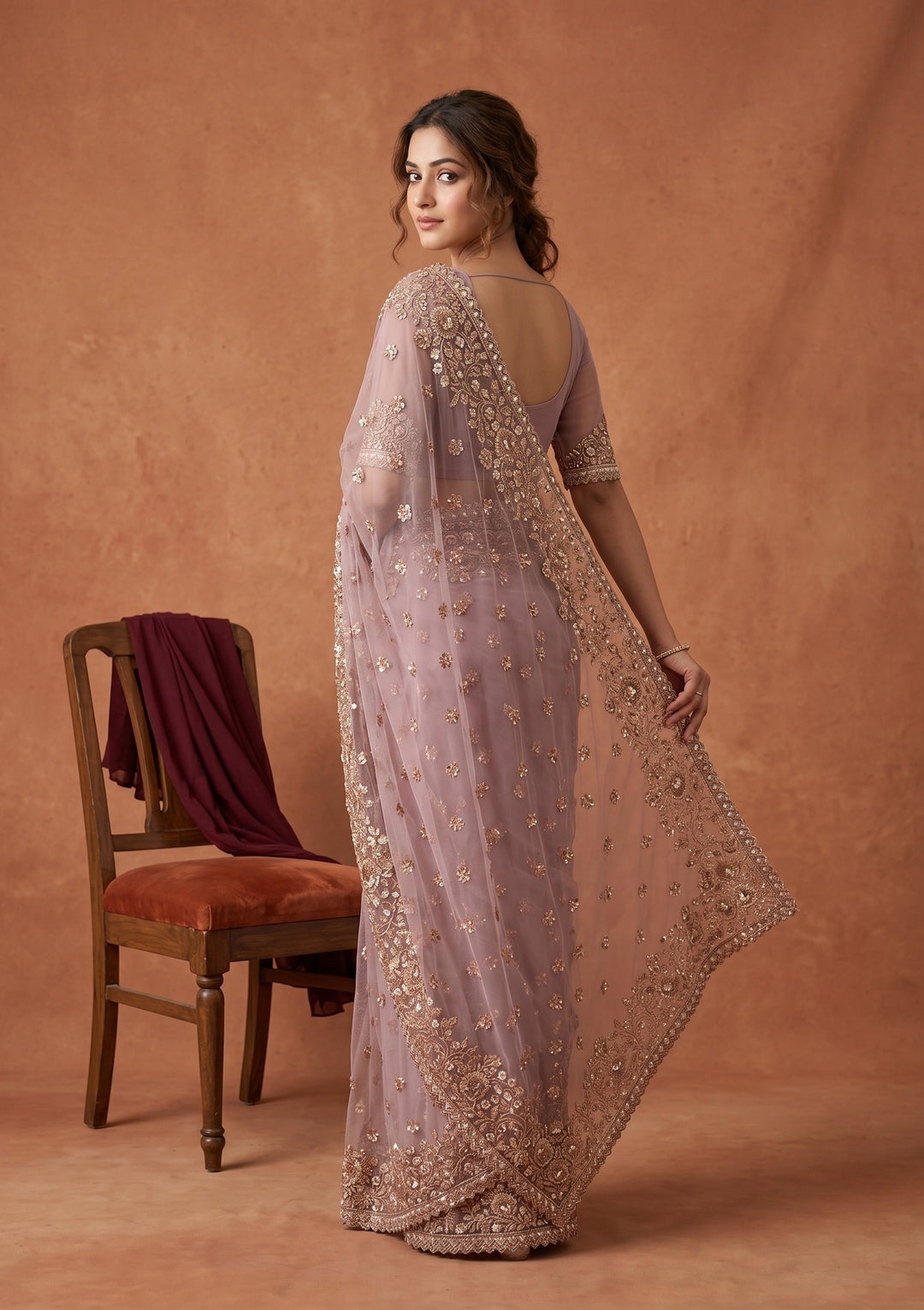 Lavender Sequins Net Saree