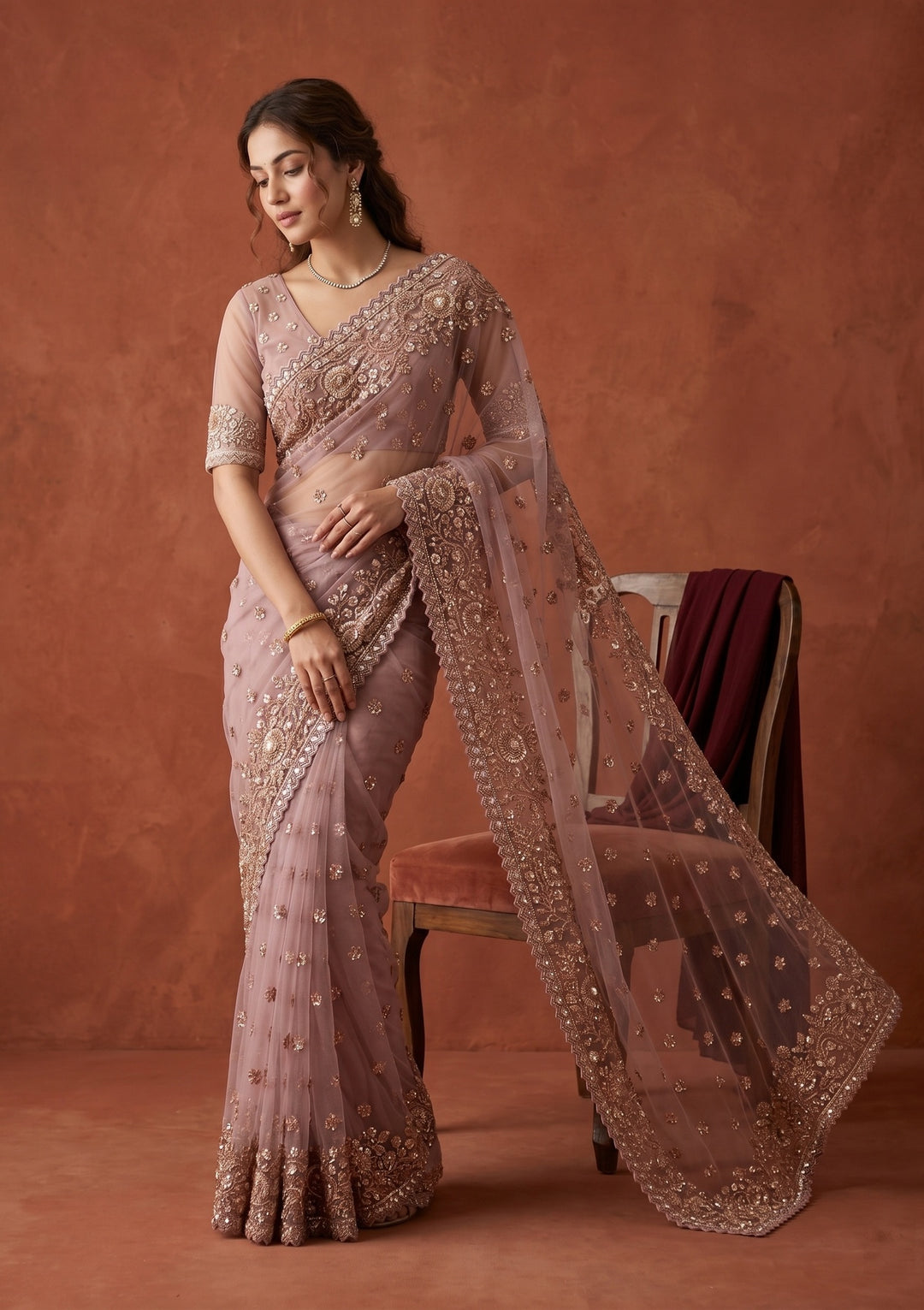 Lavender Sequins Net Saree