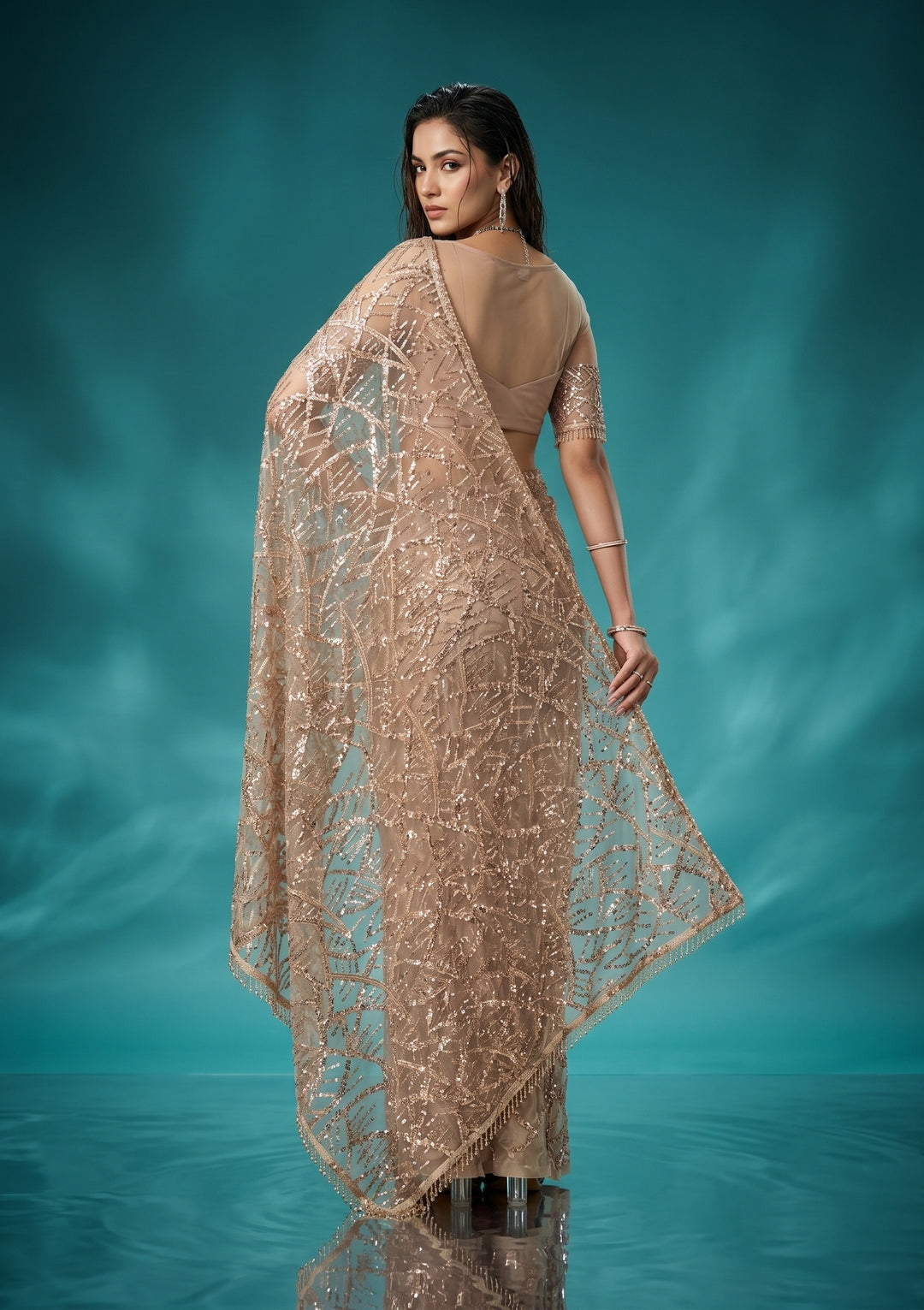 Beige Net Sequins Saree With Matching Blouse Piece