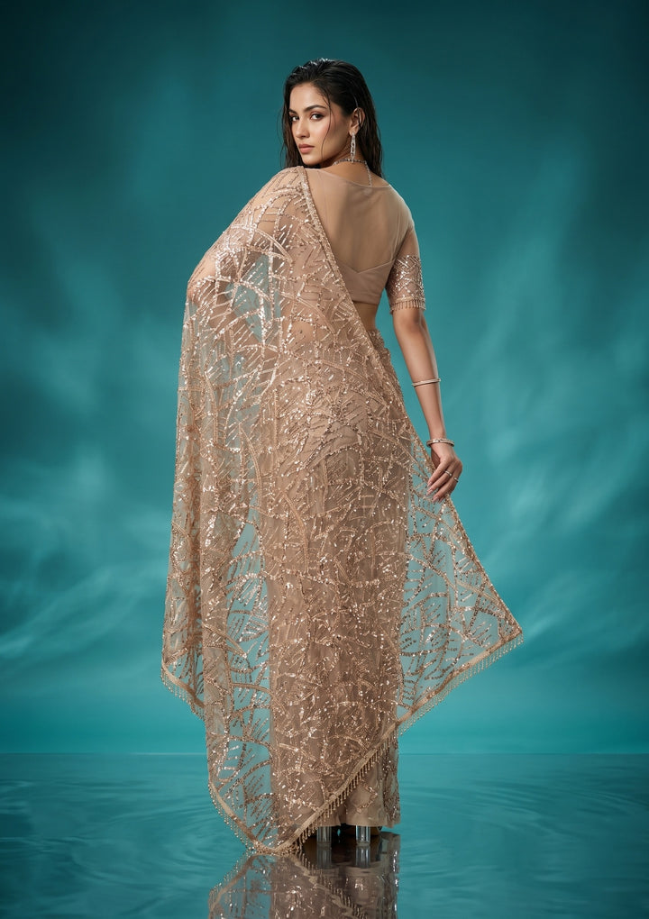 Beige Net Sequins Saree With Matching Blouse Piece