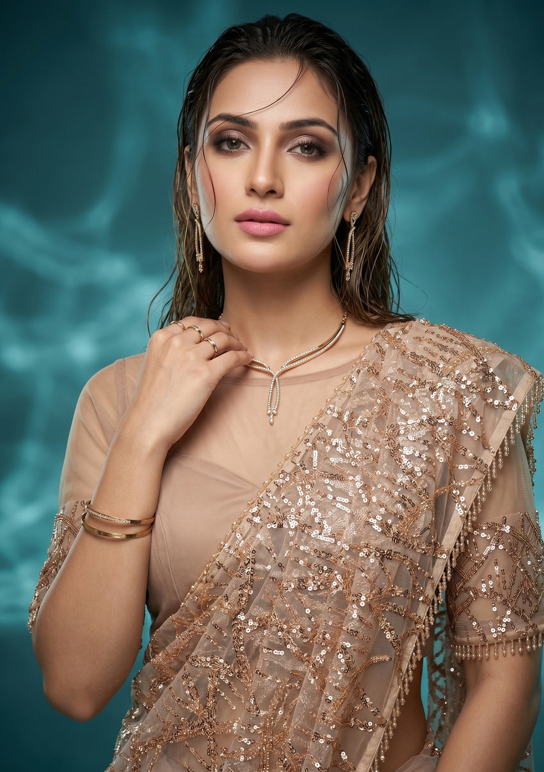 Beige Net Sequins Saree With Matching Blouse Piece