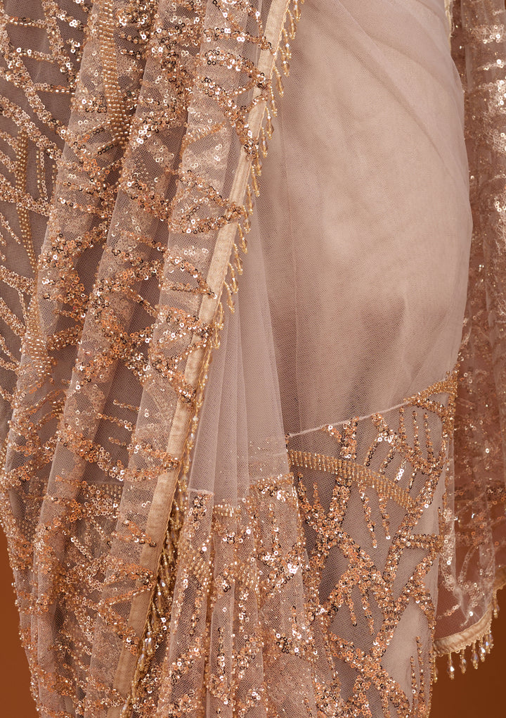 Beige Net Sequins Saree With Matching Blouse Piece