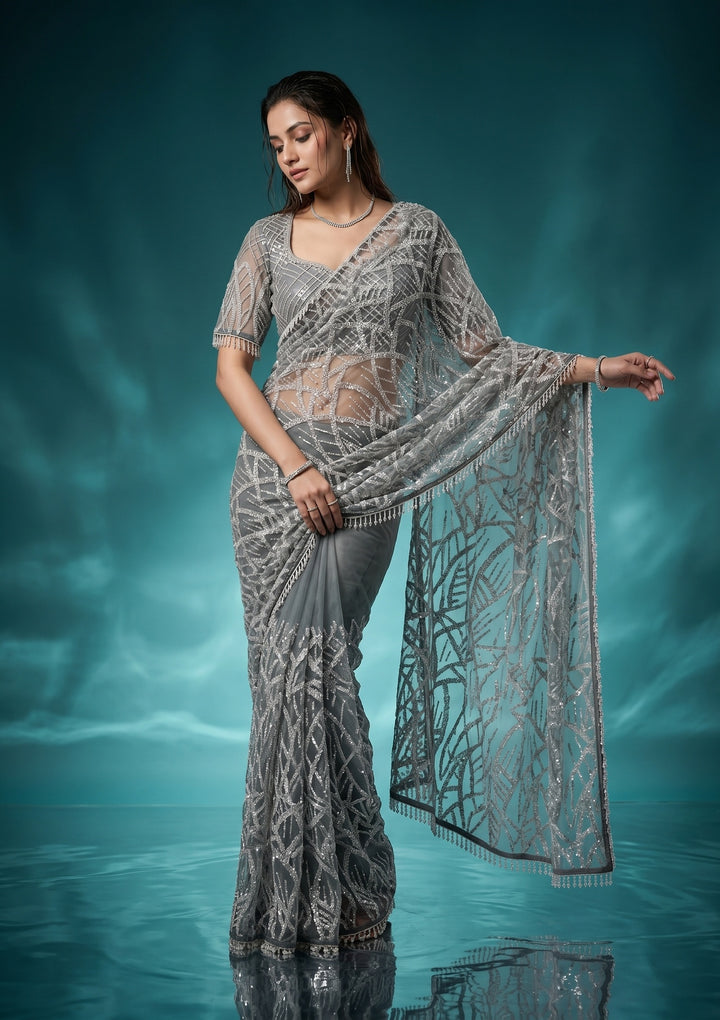 Grey Net Sequins Saree With Matching Blouse Piece