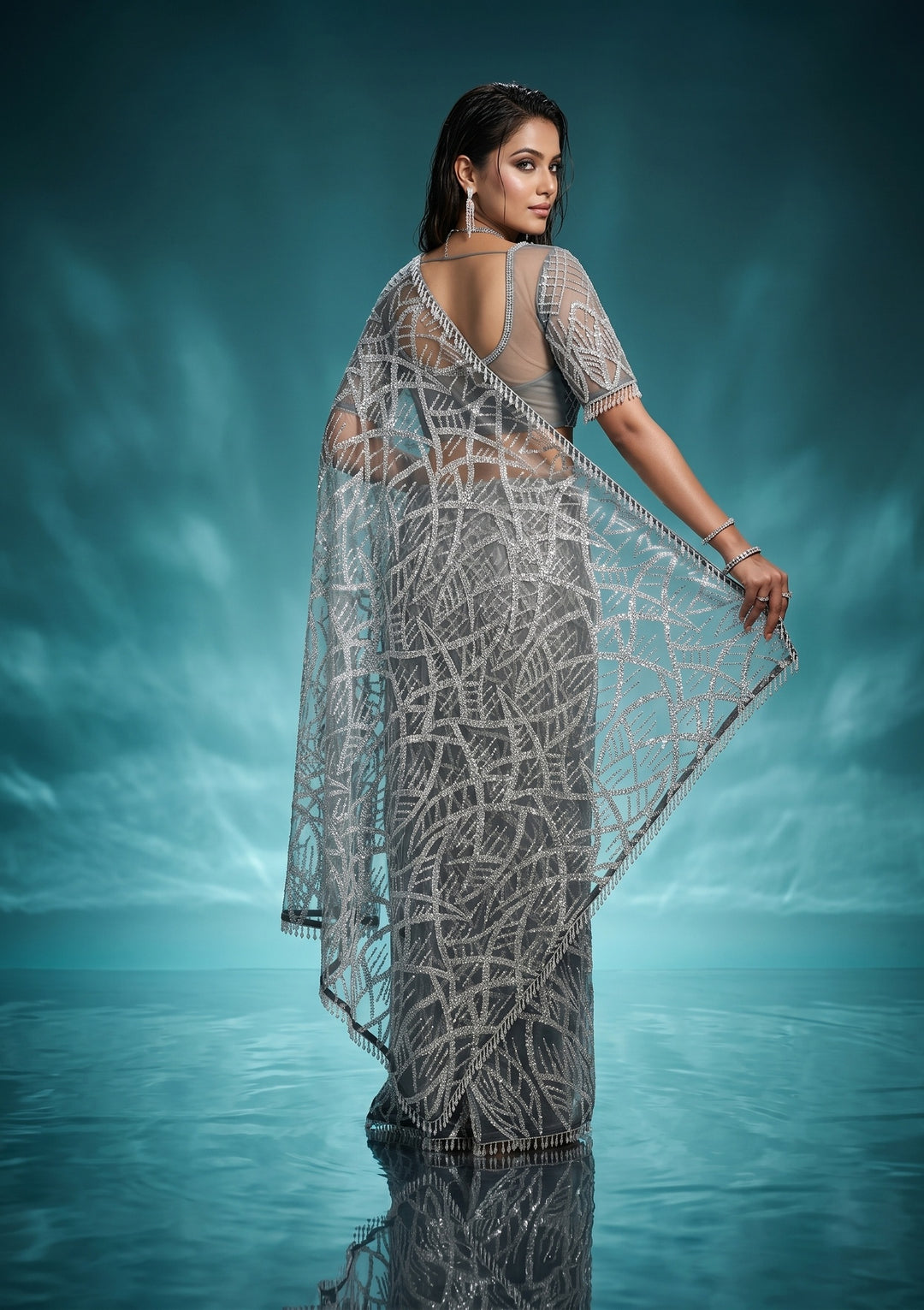 Grey Net Sequins Saree With Matching Blouse Piece