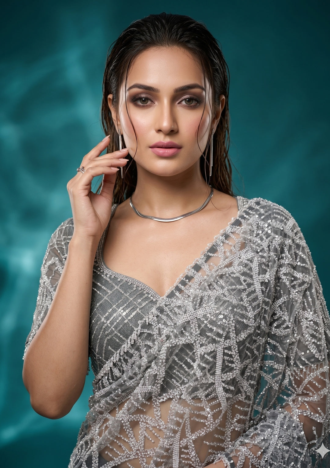 Grey Net Sequins Saree With Matching Blouse Piece