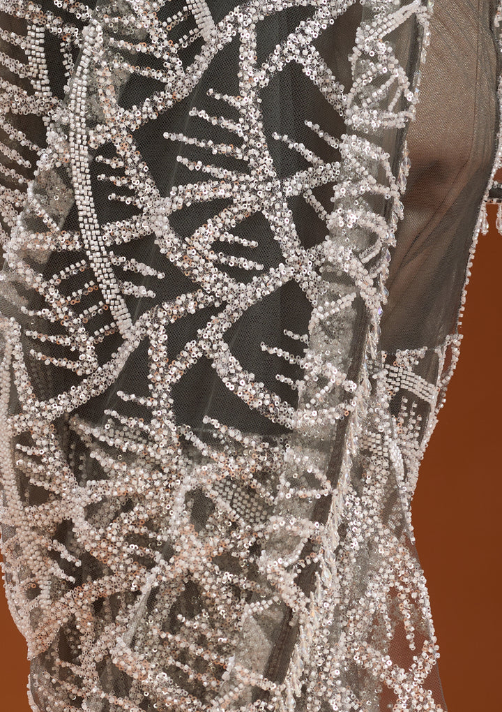 Grey Net Sequins Saree With Matching Blouse Piece