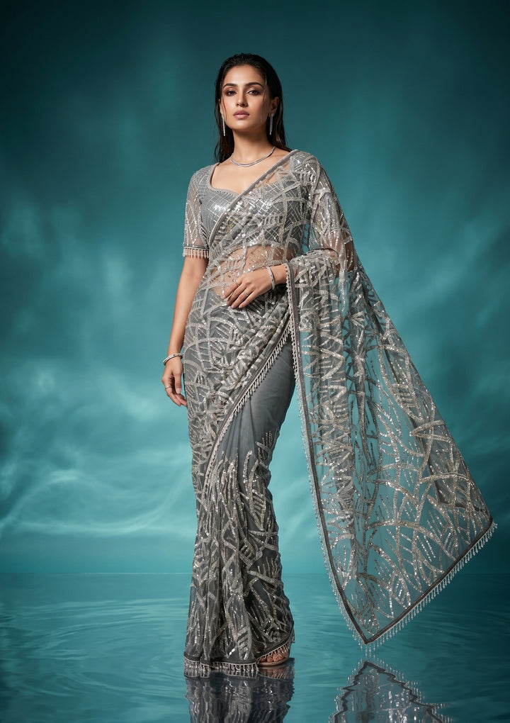 Grey Net Sequins Saree With Matching Blouse Piece