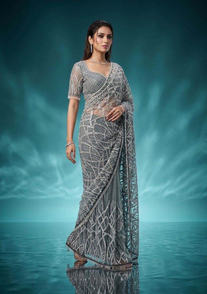 Grey Net Sequins Saree With Matching Blouse Piece