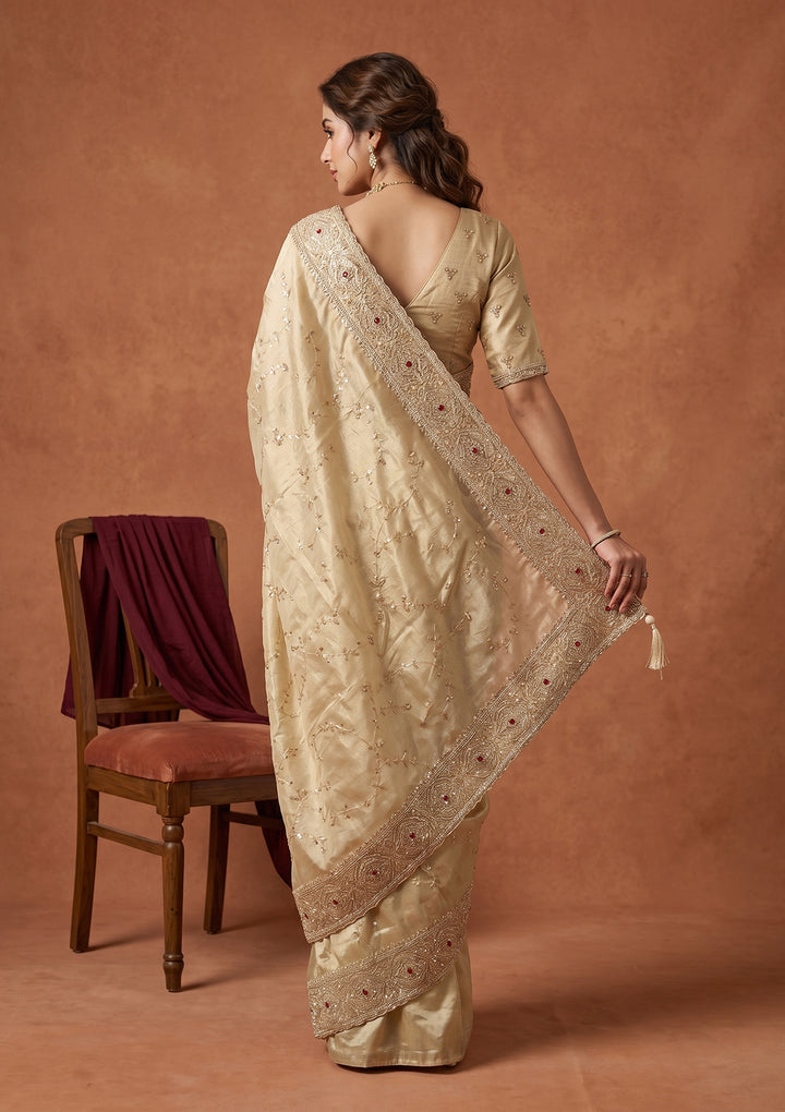 Beige Tissue Sequins Saree With Matching Blouse Piece