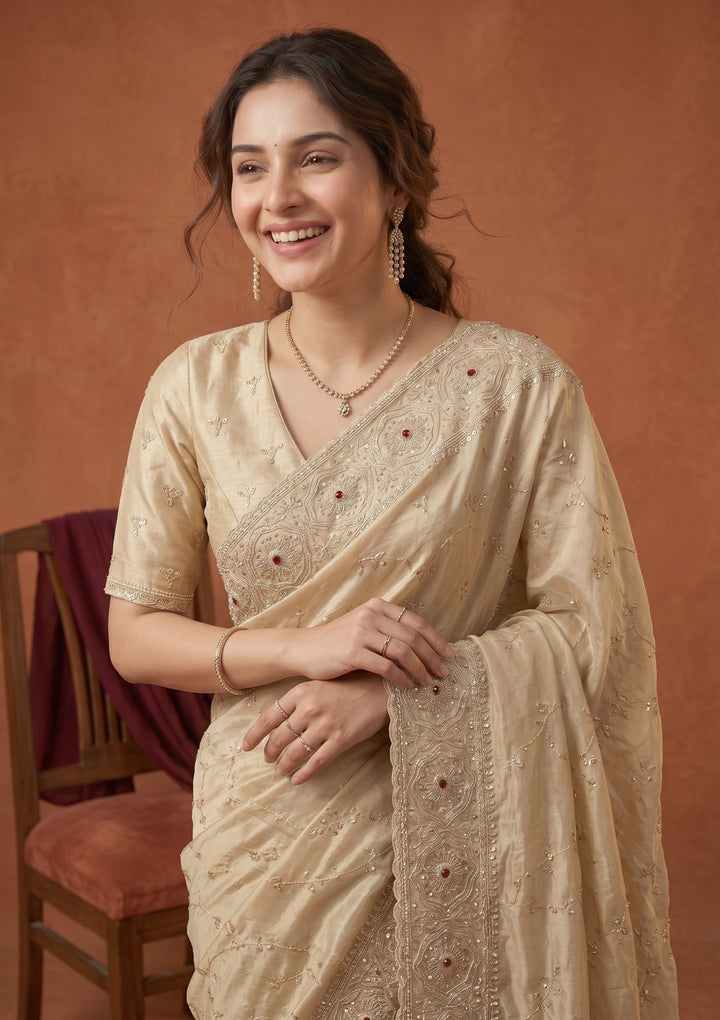 Beige Tissue Sequins Saree With Matching Blouse Piece