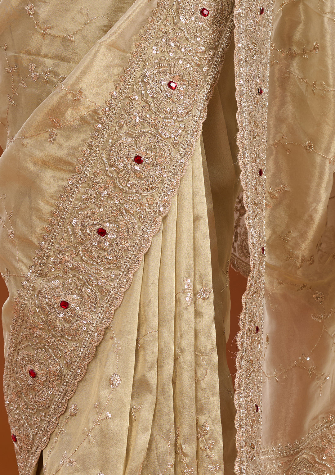 Beige Tissue Sequins Saree With Matching Blouse Piece