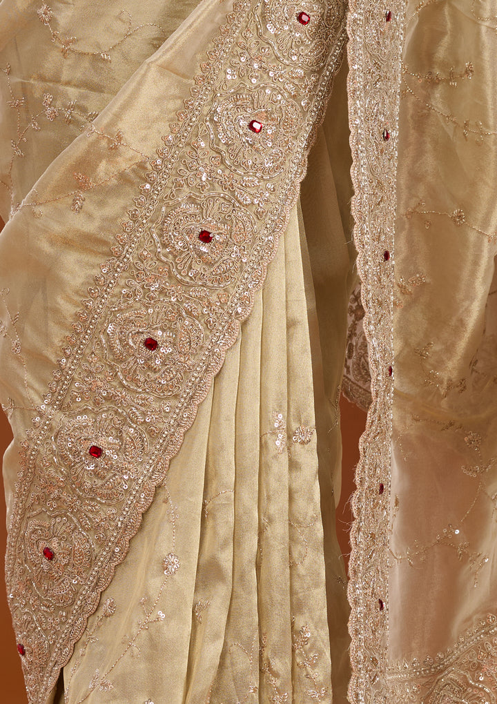 Beige Tissue Sequins Saree With Matching Blouse Piece