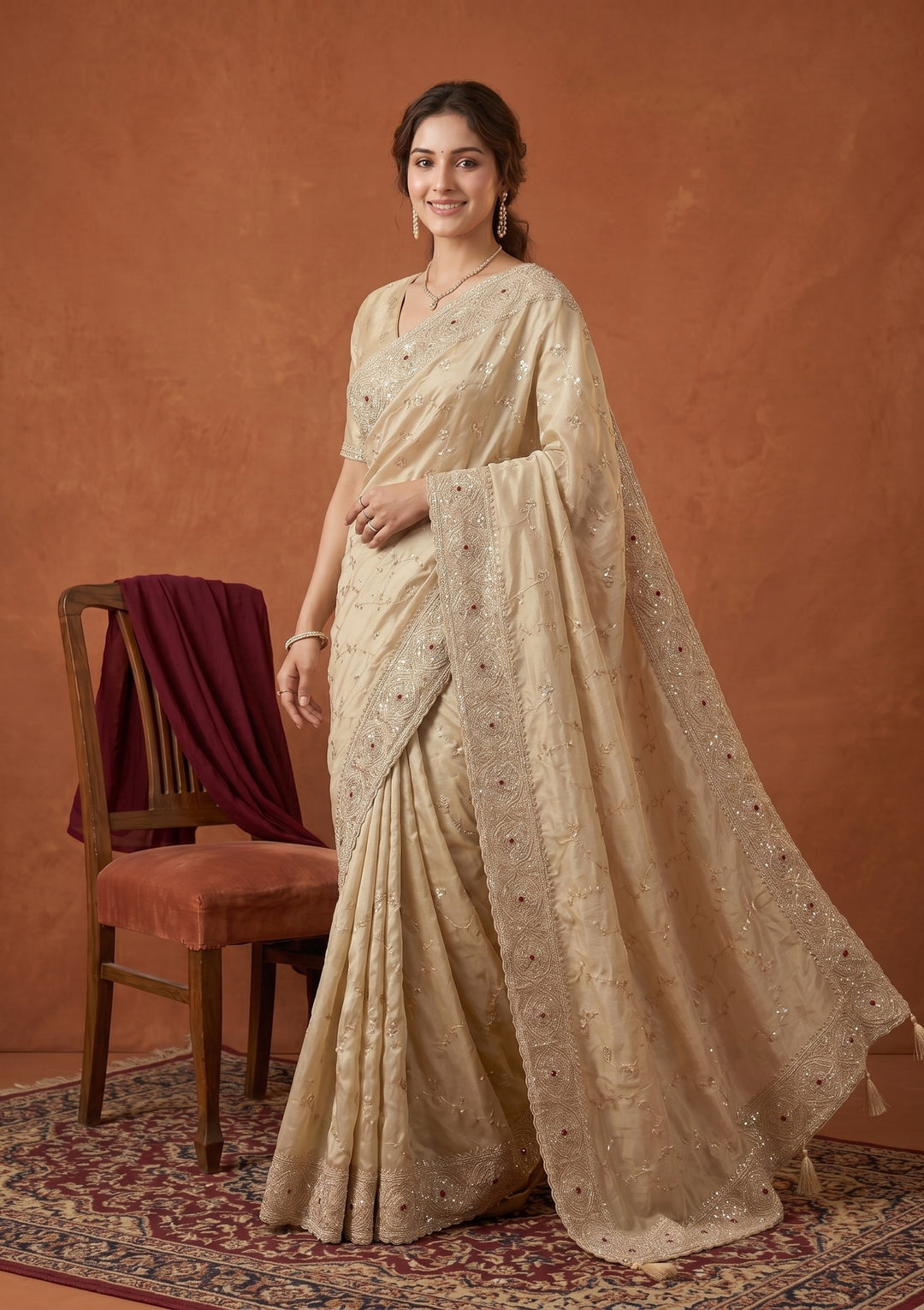 Beige Tissue Sequins Saree With Matching Blouse Piece
