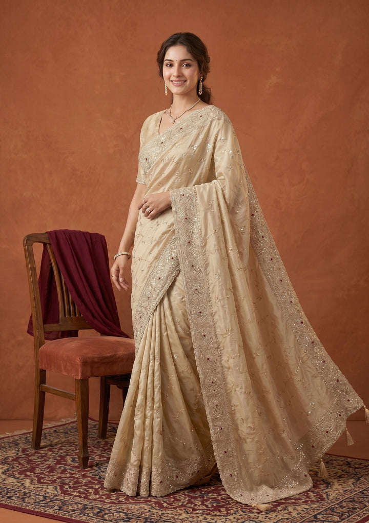 Beige Tissue Sequins Saree With Matching Blouse Piece