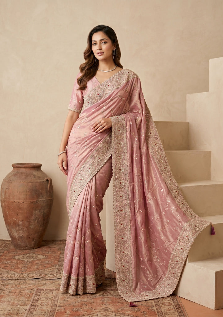 Pink Tissue Sequins Saree With Matching Blouse Piece