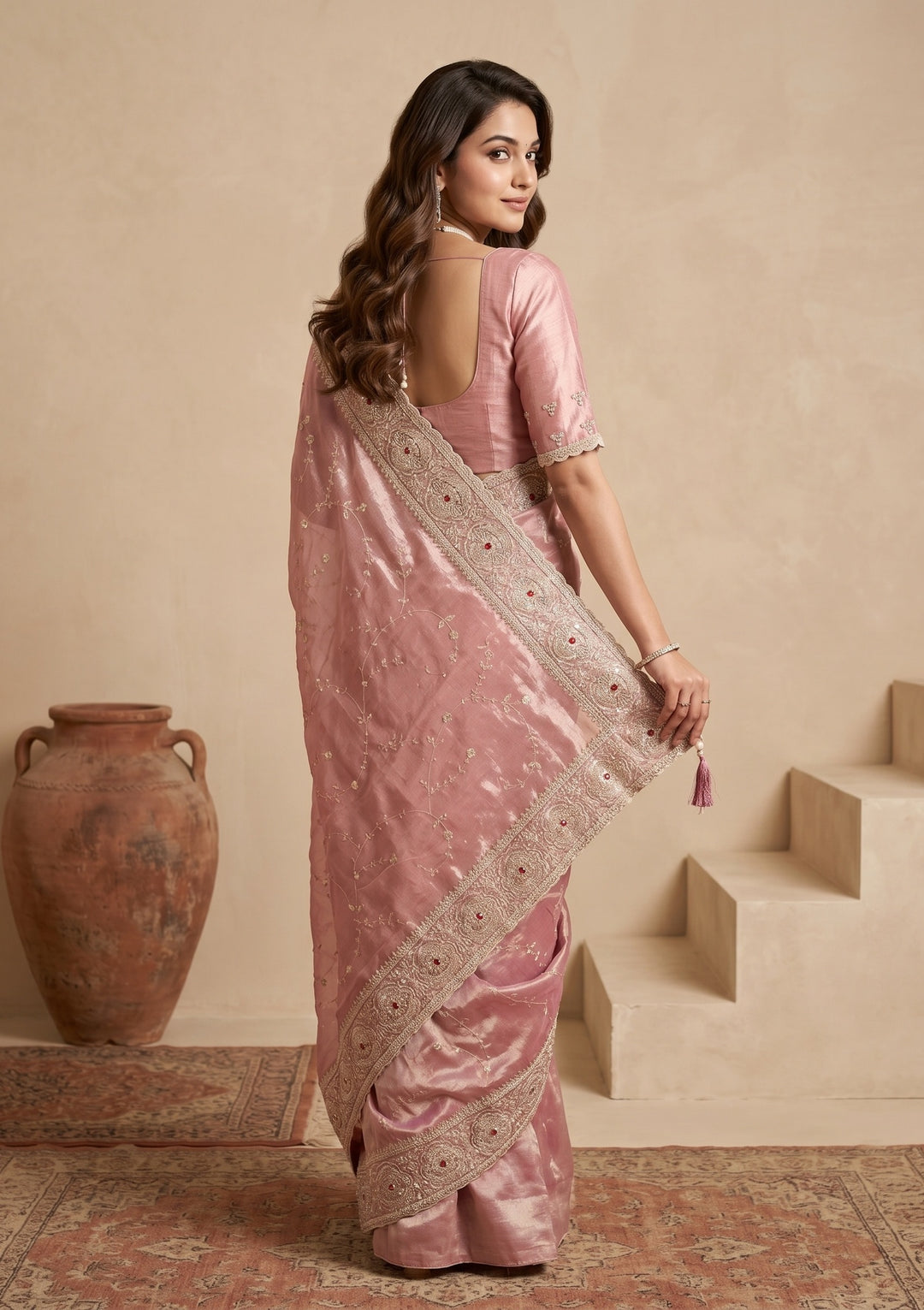 Pink Tissue Sequins Saree With Matching Blouse Piece