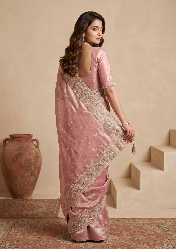 Pink Tissue Sequins Saree With Matching Blouse Piece
