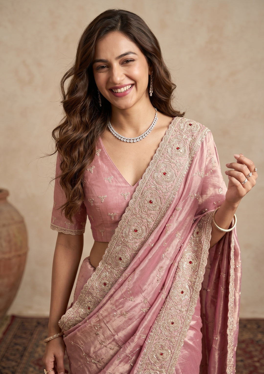 Pink Tissue Sequins Saree With Matching Blouse Piece