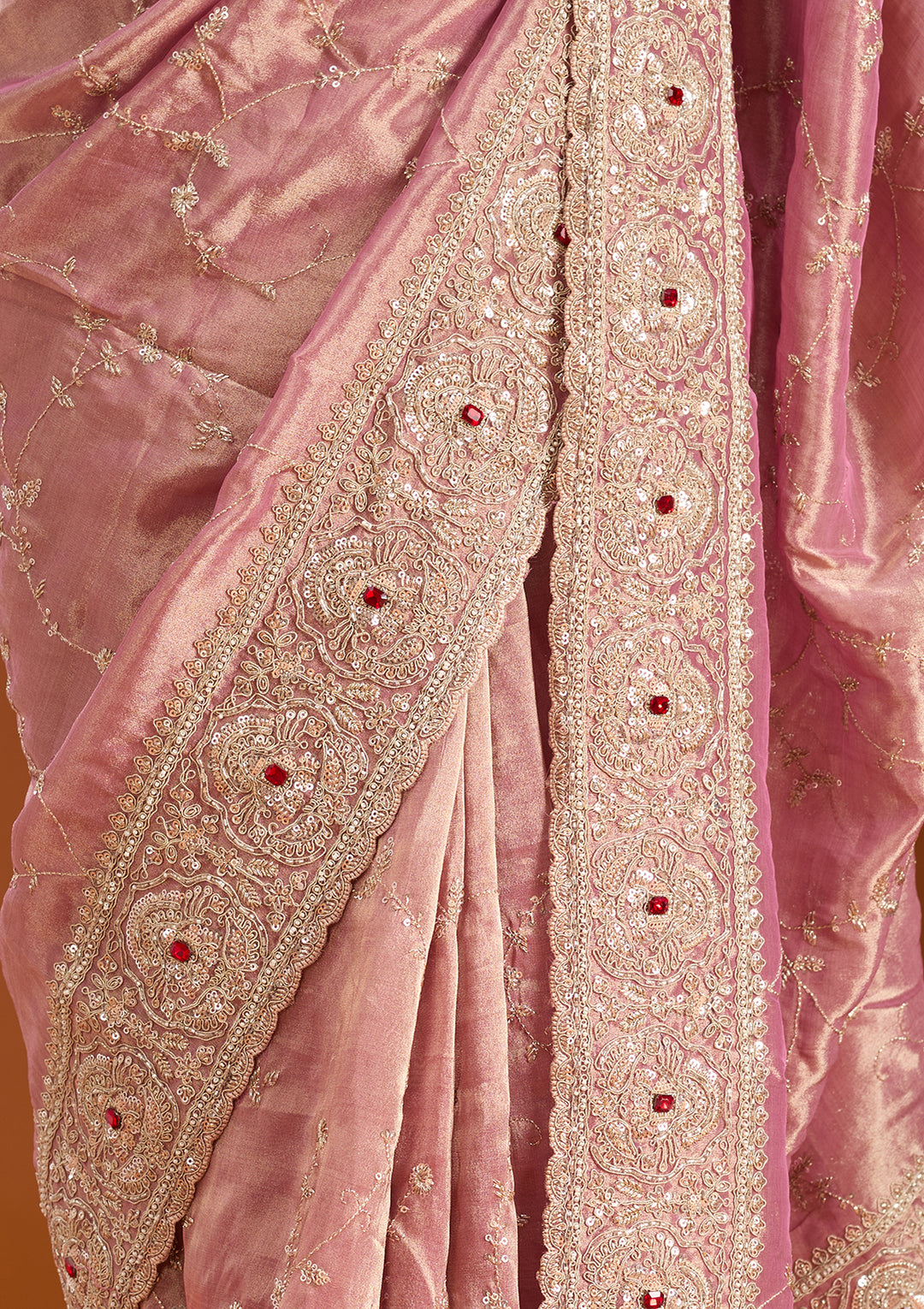 Pink Tissue Sequins Saree With Matching Blouse Piece