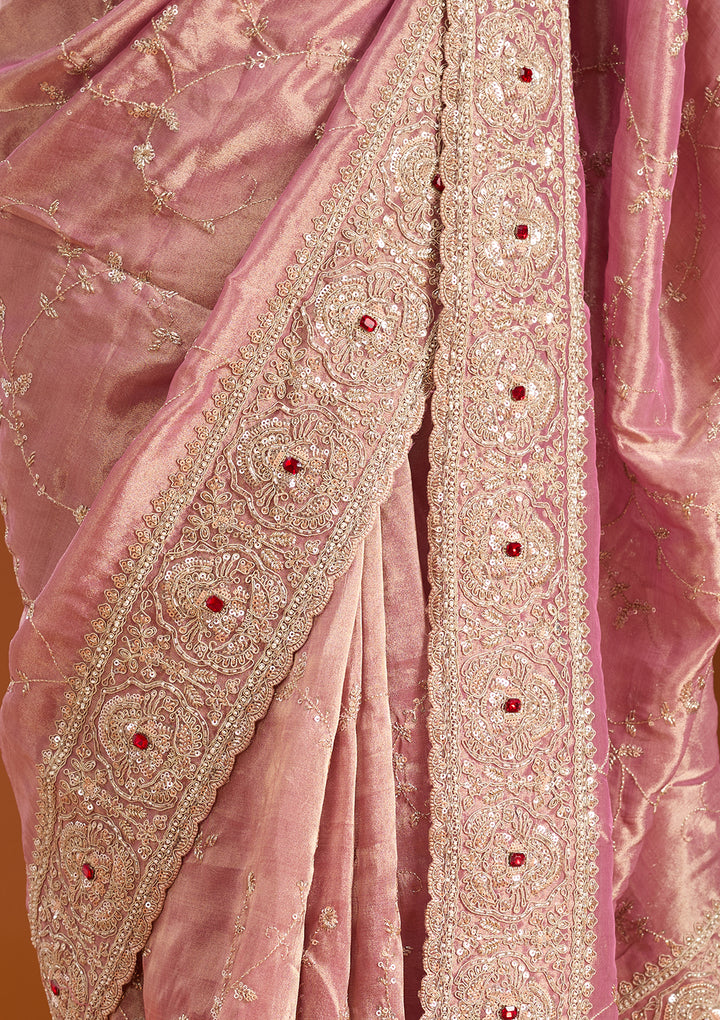 Pink Tissue Sequins Saree With Matching Blouse Piece