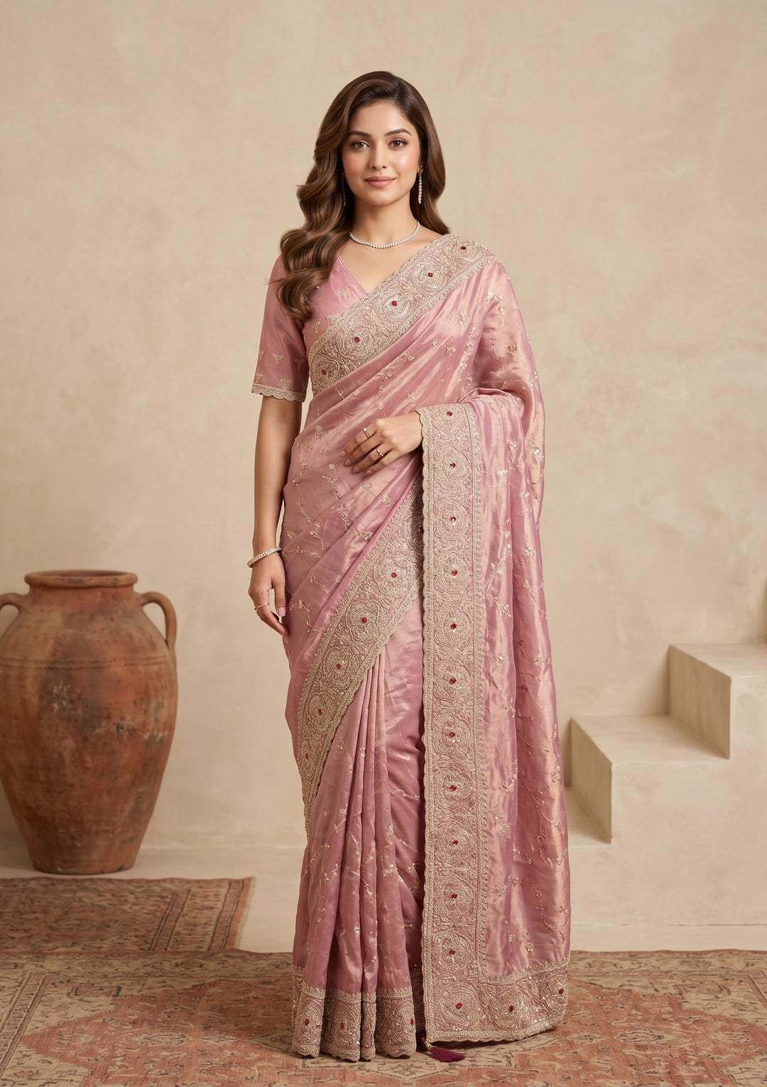 Pink Tissue Sequins Saree With Matching Blouse Piece