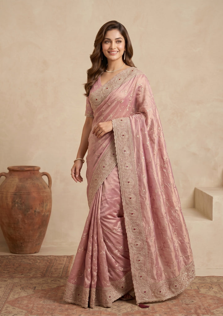 Pink Tissue Sequins Saree With Matching Blouse Piece