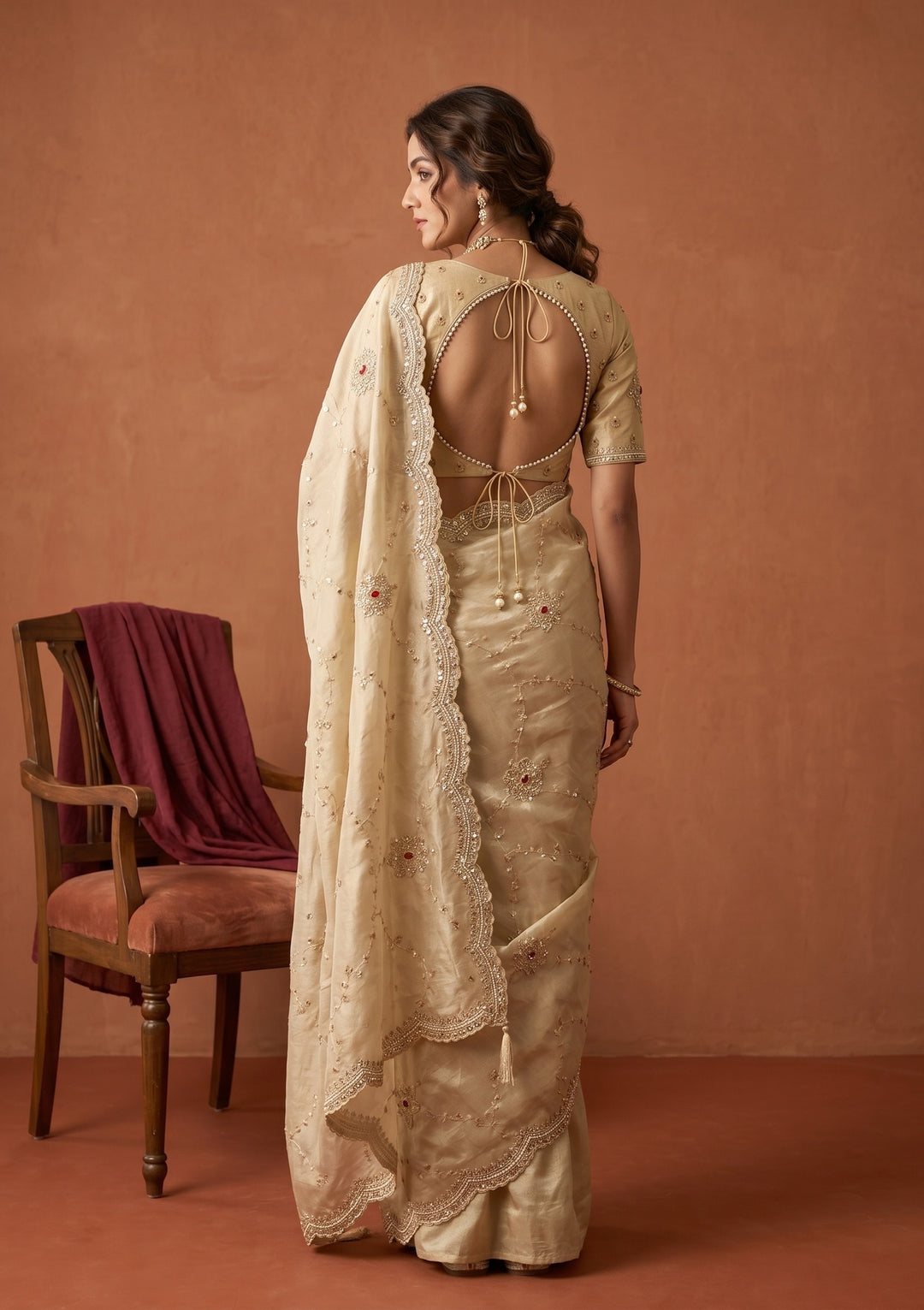 Beige Tissue Sequins Saree With Matching Blouse Piece