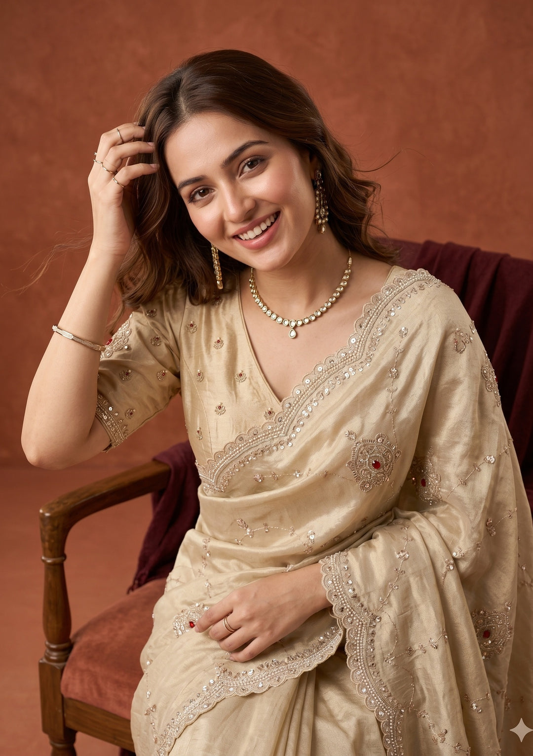 Beige Tissue Sequins Saree With Matching Blouse Piece