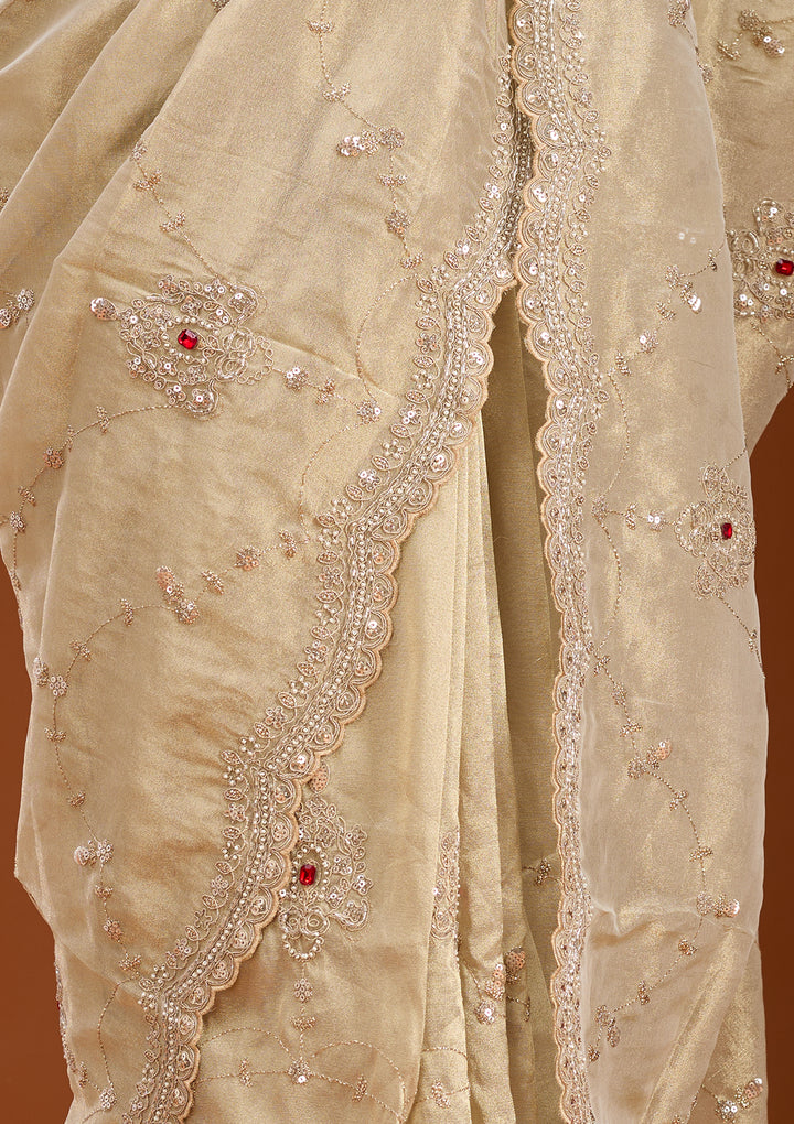 Beige Tissue Sequins Saree With Matching Blouse Piece