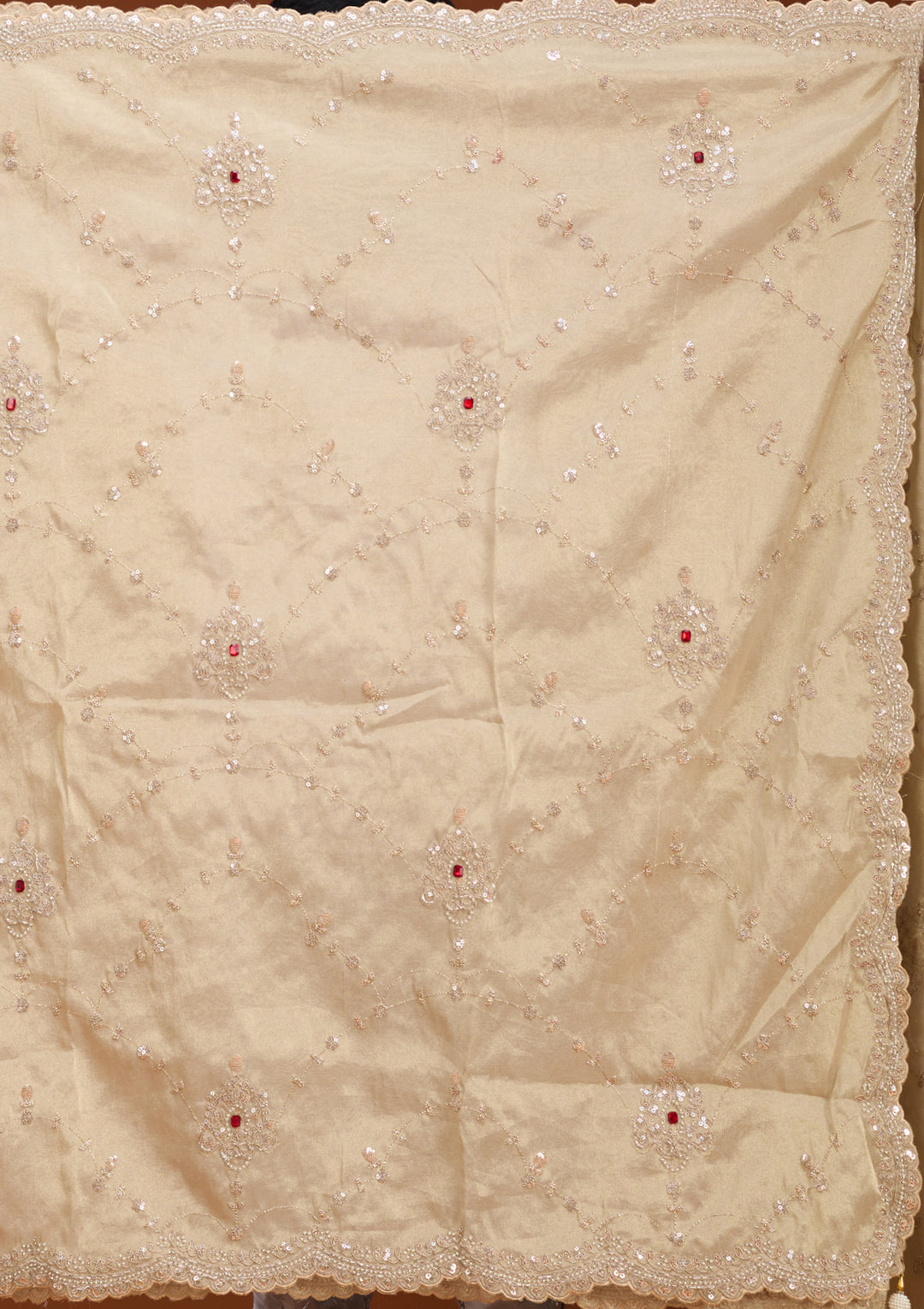 Beige Tissue Sequins Saree With Matching Blouse Piece