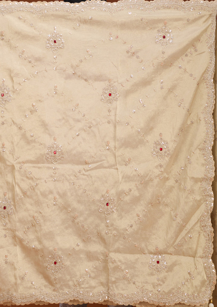 Beige Tissue Sequins Saree With Matching Blouse Piece