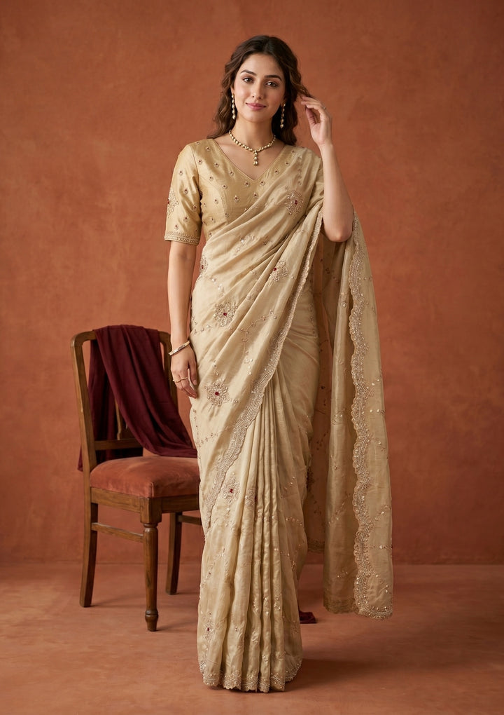 Beige Tissue Sequins Saree With Matching Blouse Piece