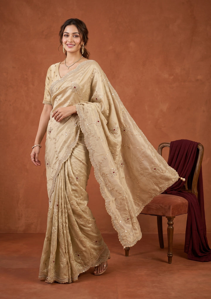 Beige Tissue Sequins Saree With Matching Blouse Piece