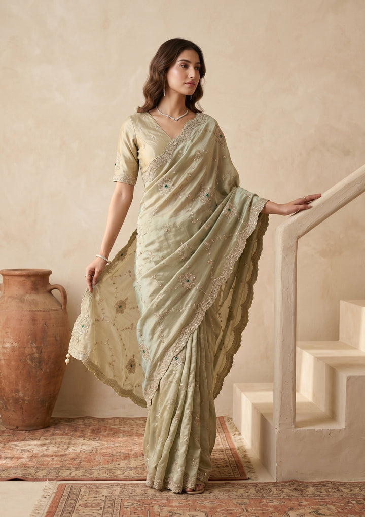 Sea Green Tissue Sequins Saree With Matching Blouse Piece