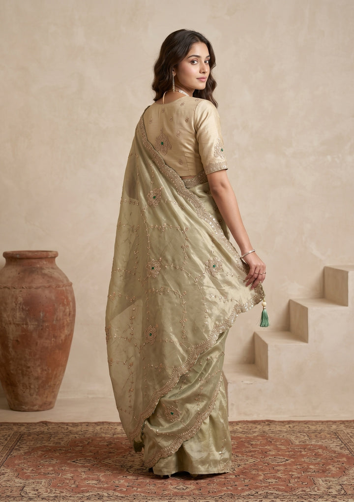 Sea Green Tissue Sequins Saree With Matching Blouse Piece