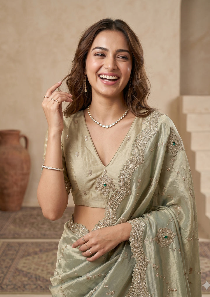 Sea Green Tissue Sequins Saree With Matching Blouse Piece