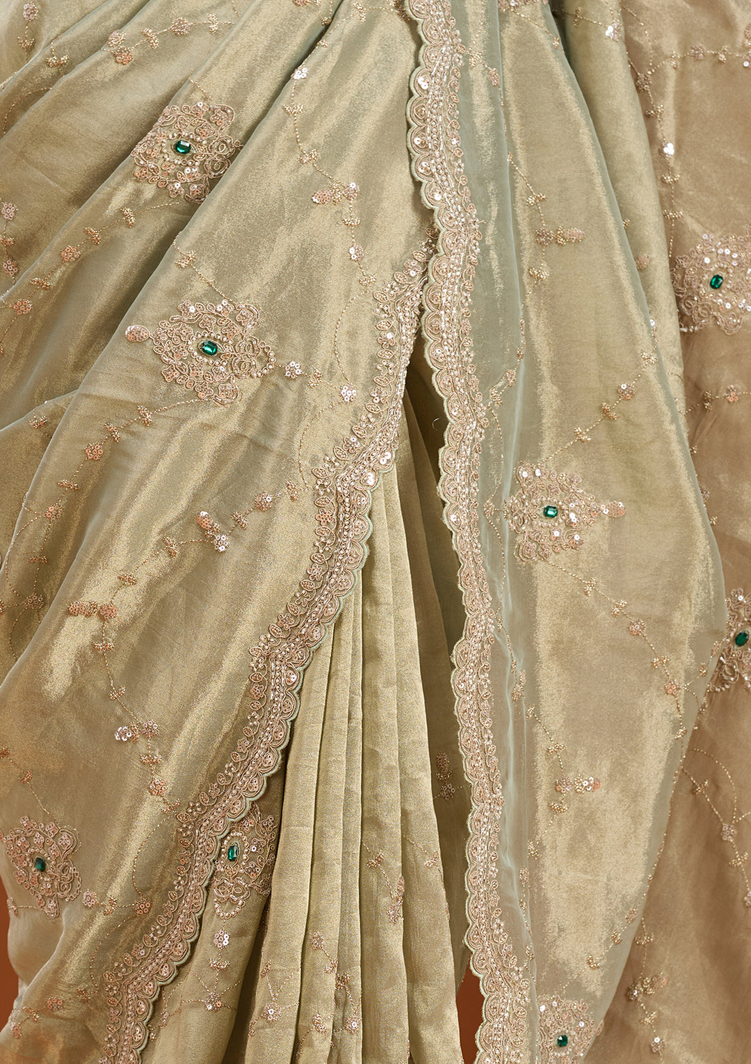 Sea Green Tissue Sequins Saree With Matching Blouse Piece
