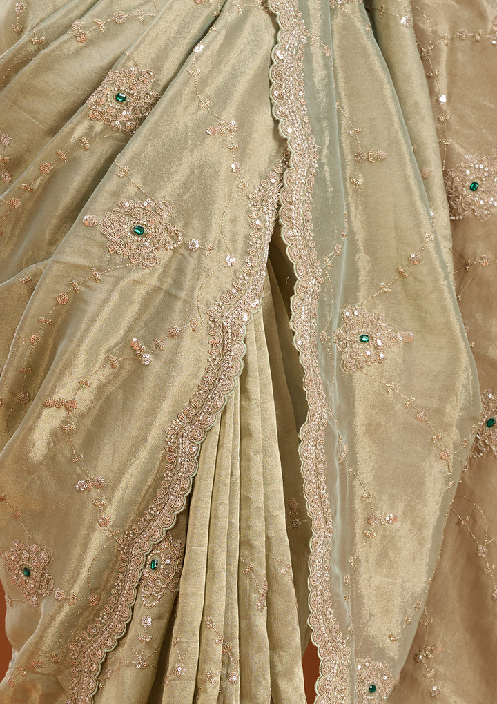 Sea Green Tissue Sequins Saree With Matching Blouse Piece