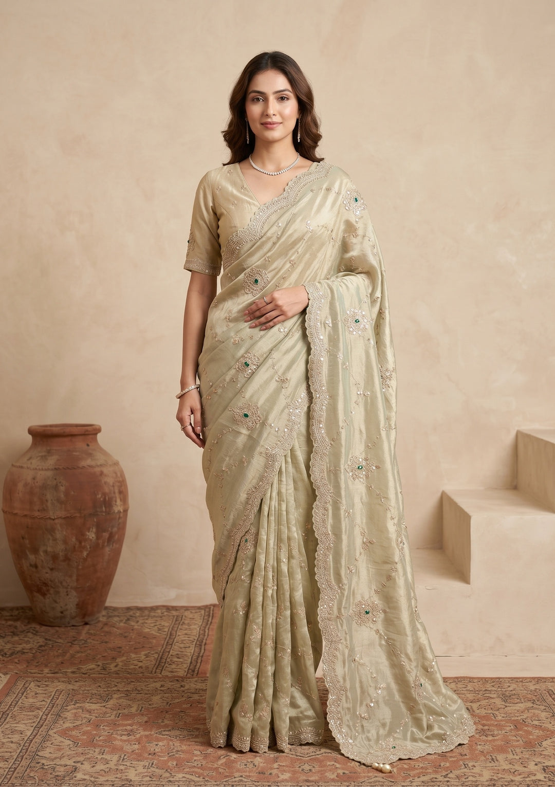 Sea Green Tissue Sequins Saree With Matching Blouse Piece