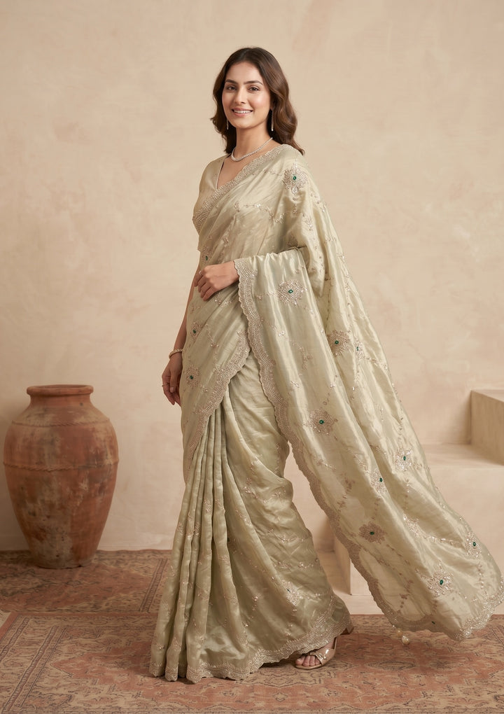 Sea Green Tissue Sequins Saree With Matching Blouse Piece