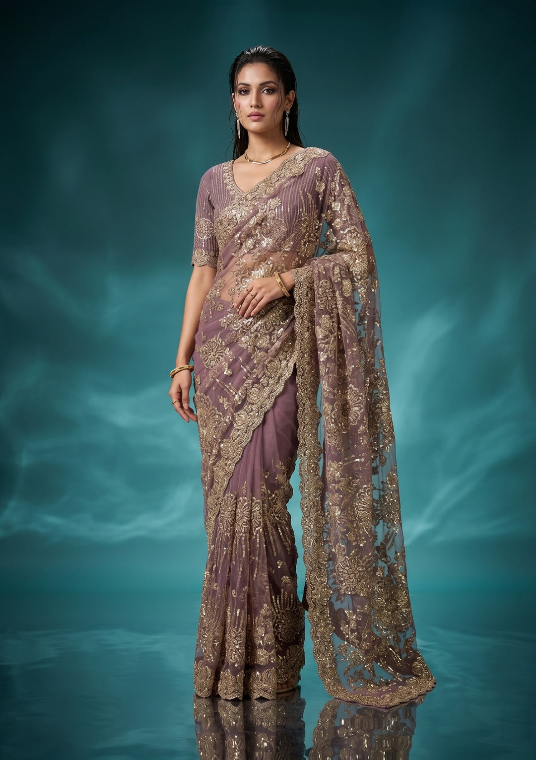 Mauve Net Sequins Saree With Matching Blouse Piece