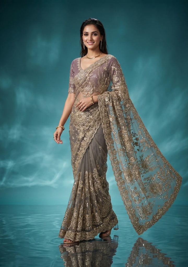 Mauve Net Sequins Saree With Matching Blouse Piece