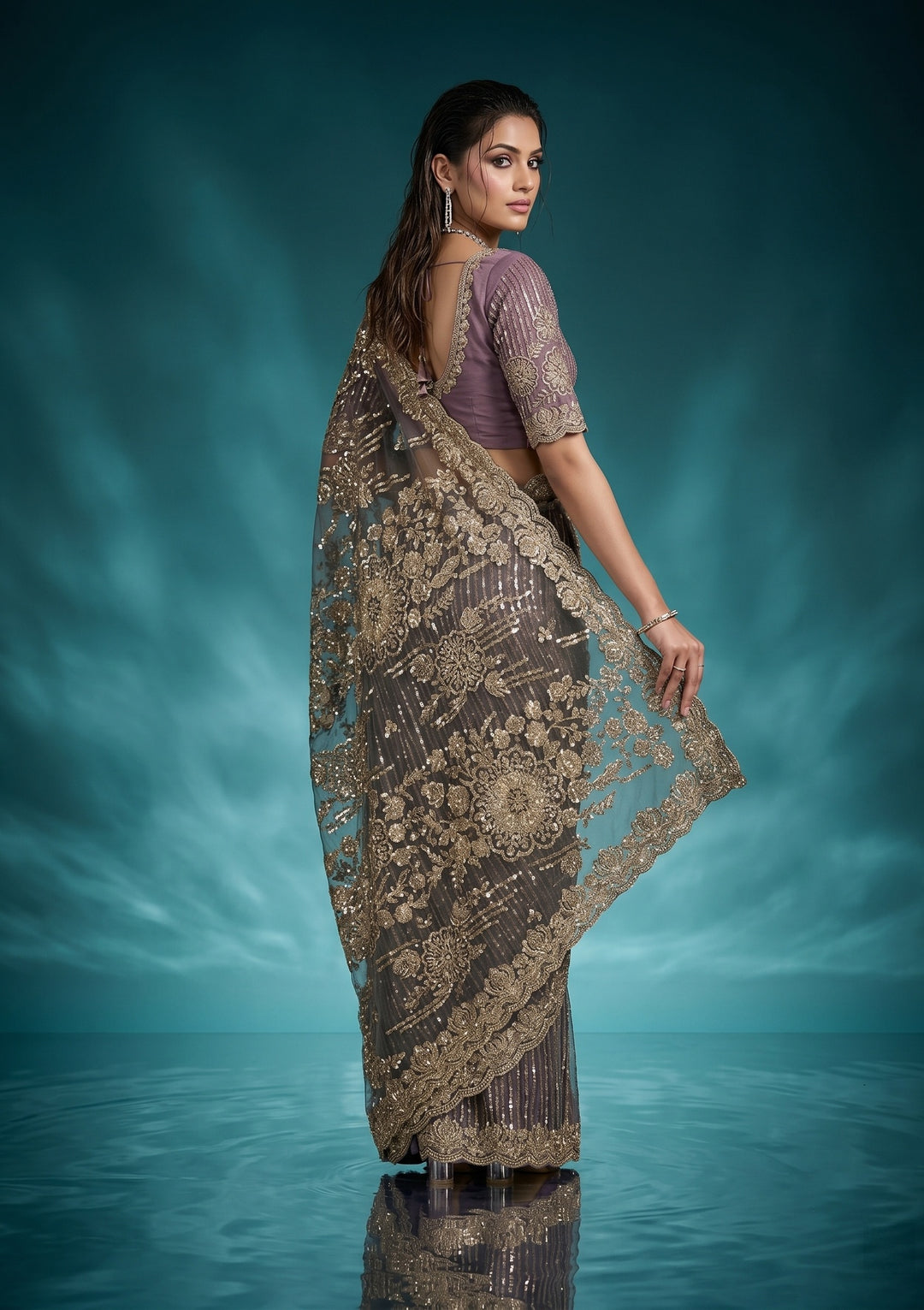 Mauve Net Sequins Saree With Matching Blouse Piece