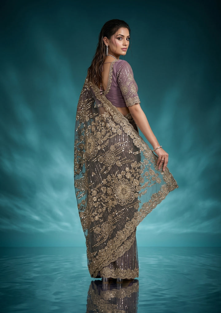 Mauve Net Sequins Saree With Matching Blouse Piece