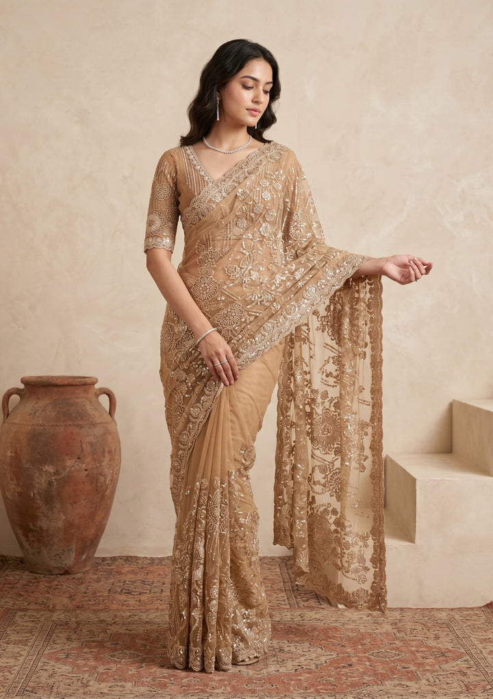 Mustard Sequins Net Saree