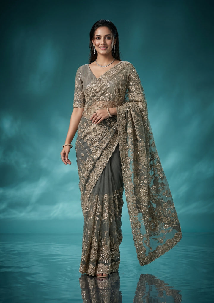 Sea Green Net Sequins Saree With Matching Blouse Piece