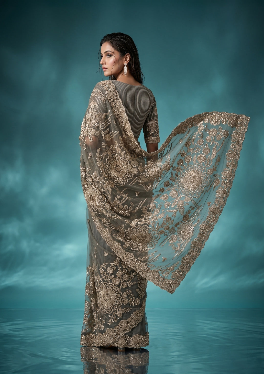 Sea Green Net Sequins Saree With Matching Blouse Piece