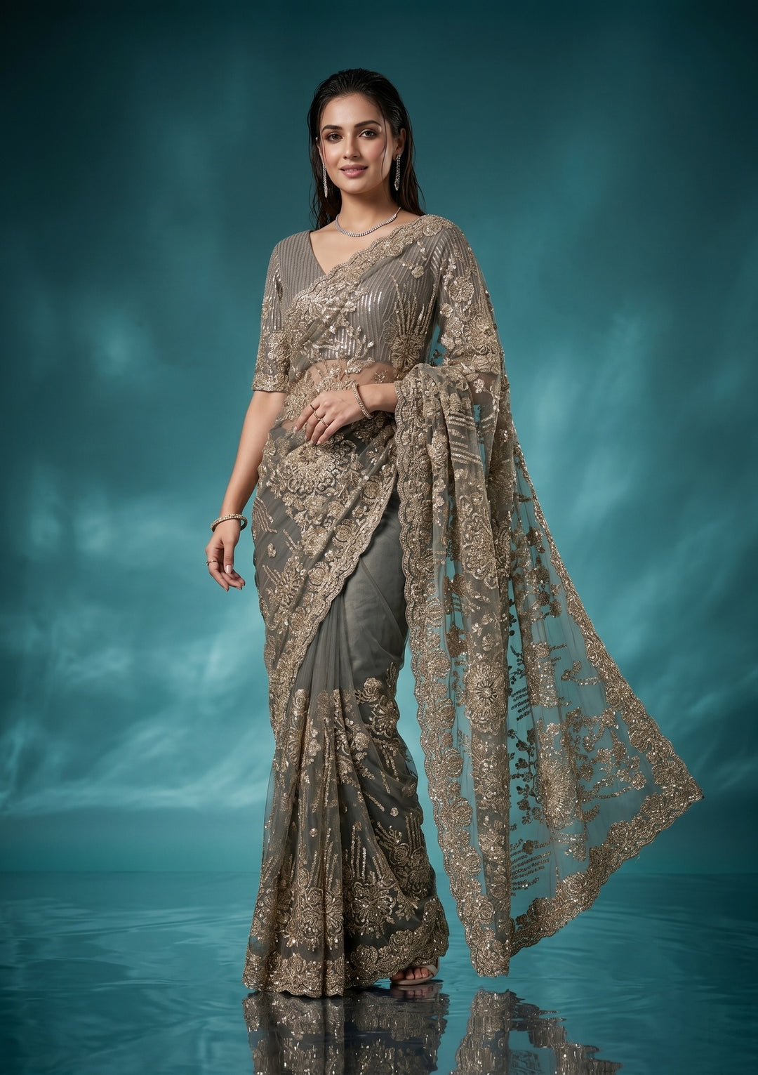 Sea Green Net Sequins Saree With Matching Blouse Piece